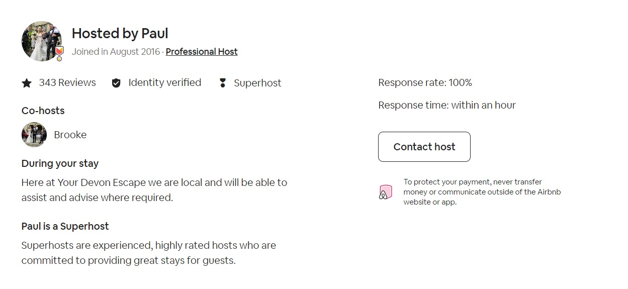 A view of an Airbnb page with the reviews, Superhost status, and response time listed