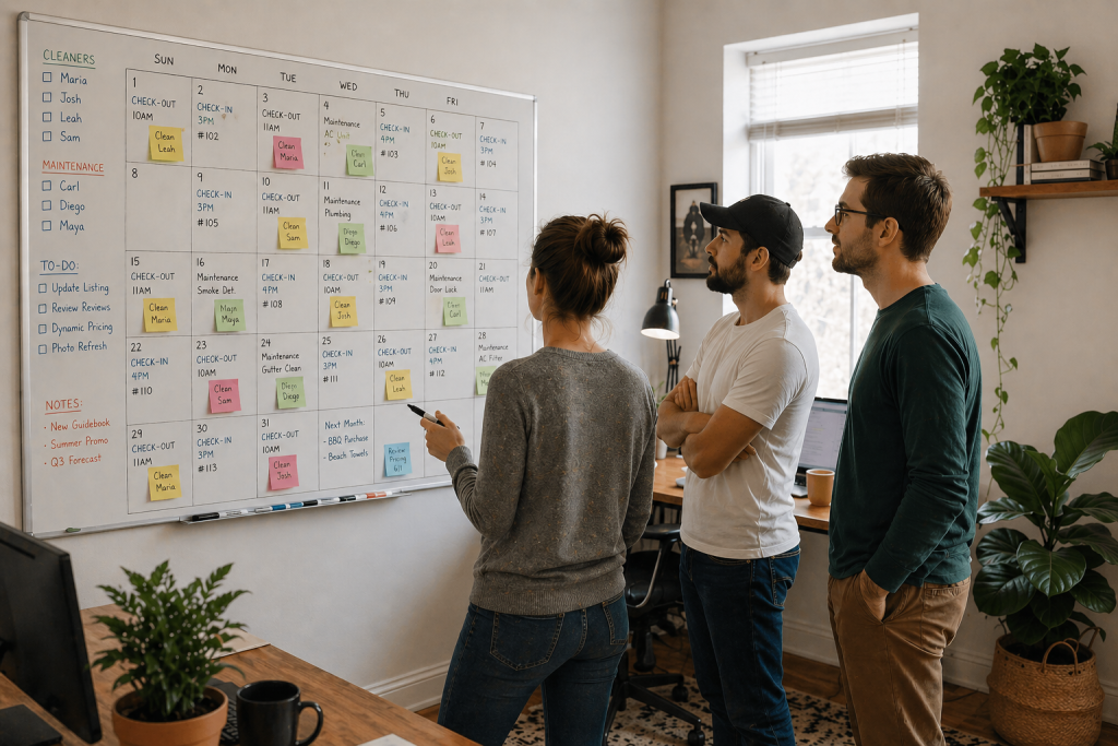 a team of vacation rental managers looking at a calendar