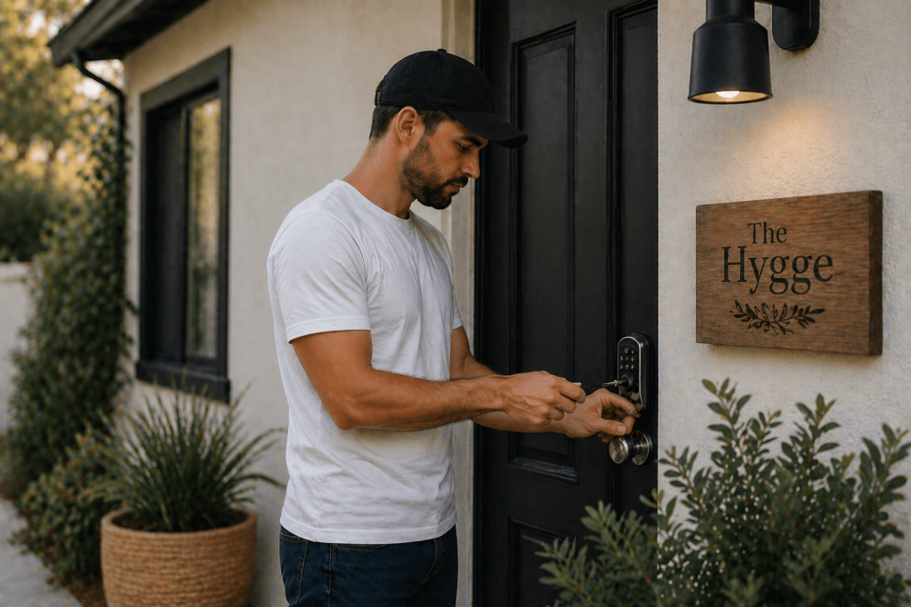 A vacation rental manager fixing a door lock