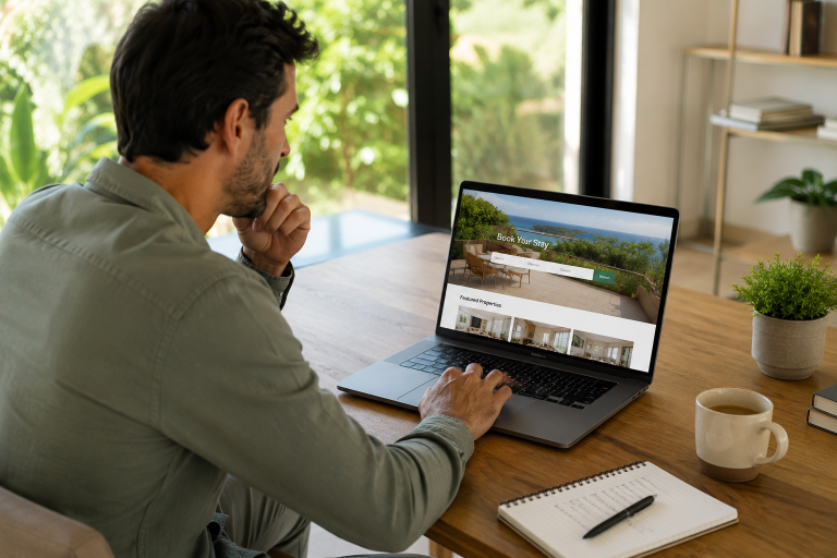 Hostfully - stock image - a guest looking at a direct booking site