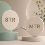 Two discs labelled STR and MTR on podiums, connected by a curved ribbon